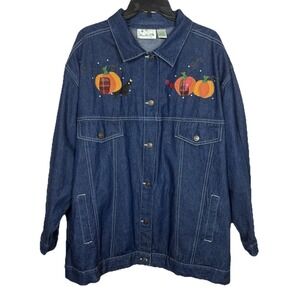 The Quacker Factory Pumpkin Patch Of Dreams Denim Button Up Sz 2X Scarecrow Fall